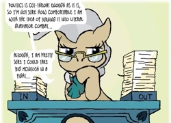 Size: 500x360 | Tagged: safe, artist:owlor, mayor mare, earth pony, pony, from the desk of mayor mare, g4, desk, dialogue, female, glasses, paper, solo