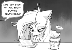 Size: 2715x1896 | Tagged: safe, artist:bunchedupletters, fluttershy, pegasus, pony, bags under eyes, bed hair, black and white, blatant lies, coffee, coffee mug, digital art, gamershy, grayscale, monochrome, mouth hold, mug, nintendo ds, nintendogs, offscreen character, playing, solo, speech bubble, stylus, table, text, tired, video game