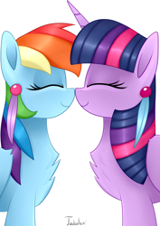 Size: 2480x3507 | Tagged: safe, artist:twidasher, rainbow dash, twilight sparkle, alicorn, pegasus, pony, g4, boop, chest fluff, duo, eyes closed, feather, female, high res, lesbian, noseboop, ship:twidash, shipping, signature, simple background, twilight sparkle (alicorn), white background
