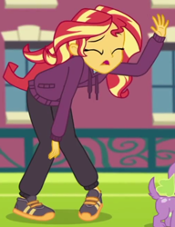 Size: 336x438 | Tagged: safe, screencap, spike, spike the regular dog, sunset shimmer, dog, equestria girls, equestria girls series, g4, stressed in show, stressed in show: rainbow dash, cropped, offscreen character