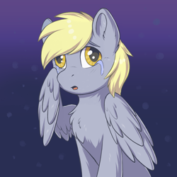 Size: 2048x2048 | Tagged: safe, artist:dbleki, derpy hooves, pegasus, pony, g4, chest fluff, crying, female, gradient background, high res, mare, sad, sad pony, solo, wiping tears