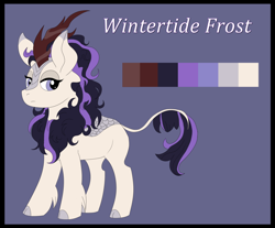 Size: 1280x1060 | Tagged: safe, artist:imperiialfrost, oc, oc only, oc:wintertide frost, kirin, antagonist, big ears, bio, cloven hooves, cute, emotionless, female, kirin oc, leonine tail, looking at you, mane, oc villain, reference sheet, simple background, solo