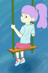 Size: 1500x2250 | Tagged: safe, artist:tahublade7, lily pad (g4), equestria girls, g4, clothes, looking at you, ponytail, sandals, shirt, shorts, solo, swing, t-shirt