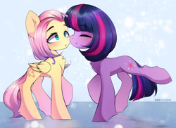 Size: 2487x1806 | Tagged: safe, artist:shavurrr, fluttershy, twilight sparkle, pegasus, pony, unicorn, g4, blushing, boop, chest fluff, cute, duo, duo female, eyebrows, eyebrows visible through hair, eyes closed, female, folded wings, high res, horn, lesbian, mare, noseboop, open mouth, raised hoof, raised leg, ship:twishy, shipping, shyabetes, signature, smiling, twiabetes, unicorn twilight, wings
