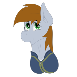 Size: 4000x4000 | Tagged: safe, artist:zeronitroman, oc, oc only, oc:littlepip, pony, fallout equestria, brown mane, bust, clothes, commission, commissioner:rautamiekka, cute, cute smile, eyelashes, female, gray coat, green eyes, jumpsuit, looking up, mare, missing horn, muscles, ocbetes, pipabetes, shirt, simple background, smiling, solo, transparent background, undershirt, vault suit