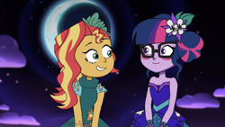 Size: 640x360 | Tagged: safe, artist:entraptology, edit, edited screencap, screencap, sci-twi, sunset shimmer, twilight sparkle, equestria girls, g4, my little pony equestria girls: legend of everfree, spoiler:the owl house, bare shoulders, blushing, clothes, cute, dress, duo, duo female, female, flower, flower in hair, gala dress, glasses, lesbian, moon, night, scene interpretation, ship:sci-twishimmer, ship:sunsetsparkle, shipping, sleeveless, spoilers for another series, strapless, style emulation, the owl house