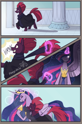 Size: 800x1200 | Tagged: safe, artist:mangoshibi, fizzlepop berrytwist, tempest shadow, twilight sparkle, alicorn, pony, unicorn, the last problem, broken horn, castle, clothes, column, comic, corridor, crown, cute, ethereal mane, female, glowing horn, hoof shoes, horn, jewelry, laughing, lesbian, magic, magic aura, mare, older, older twilight, peytral, princess twilight 2.0, pulling, regalia, scared, scarf, serious, serious face, shipping, silly, silly pony, size difference, smiling, sparkles, spread wings, starry mane, sweat, sweating profusely, telekinesis, tempestbetes, tempestlight, twiabetes, twilight sparkle (alicorn), wings, yoink