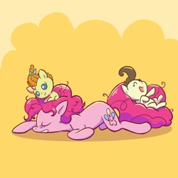 Size: 2048x2048 | Tagged: safe, artist:pfeffaroo, pinkie pie, pound cake, pumpkin cake, earth pony, pegasus, pony, unicorn, g4, baby, baby pony, bow, cake twins, colt, cute, eyes closed, female, filly, hair bow, high res, lying down, male, mare, messy mane, on back, open mouth, prone, siblings, sitting on head, sleeping, smiling, trio, twins