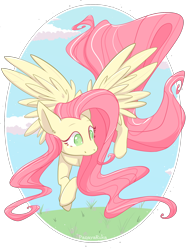 Size: 1500x2000 | Tagged: safe, artist:lucaria448, fluttershy, pegasus, pony, g4, female, flying, grass, looking away, mare, outdoors, partial background, sidemouth, sky, smiling, solo, spread wings, turned head, wings