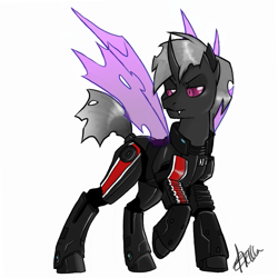 Size: 625x625 | Tagged: safe, artist:dinkelion, oc, oc only, oc:daring shephard, changeling, armor, fangs, male, mass effect, n7 armor, purple changeling, raised hoof, simple background, sitting, solo, white background