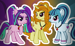 Size: 1600x1000 | Tagged: safe, artist:amgiwolf, adagio dazzle, aria blaze, sonata dusk, earth pony, pony, unicorn, g4, abstract background, choker, equestria girls ponified, eyelashes, female, gem, grin, hoof on chest, jewelry, looking at you, mare, necklace, outline, ponified, raised hoof, siren gem, smiling, smirk, spiked wristband, standing, the dazzlings, trio, white outline, wristband