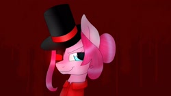Size: 1920x1080 | Tagged: safe, artist:emalajiss36, pinkie pie, earth pony, pony, g4, alternate hairstyle, bust, clothes, evil smile, female, glowing eyes, grin, hat, heterochromia, mare, red background, simple background, smiling, solo, top hat