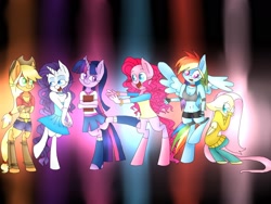 Size: 1600x1200 | Tagged: safe, artist:emalajiss36, applejack, fluttershy, pinkie pie, rainbow dash, rarity, twilight sparkle, earth pony, pegasus, unicorn, anthro, unguligrade anthro, g4, abstract background, bedroom eyes, belly button, book, bracelet, breasts, choker, cleavage, clothes, daisy dukes, female, hat, jewelry, mane six, midriff, open mouth, scared, shorts, skirt, smiling, sports bra, unicorn twilight