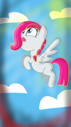 Size: 720x1280 | Tagged: safe, artist:crossovercartoons, oc, oc only, oc:pony pegasus, pegasus, pony, apk in description, braid, character from game, cloud, different hair outline, digital art, drawing, flying, happy, looking up, missing cutie mark, solo, sun