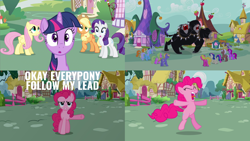 Size: 1986x1117 | Tagged: safe, edit, edited screencap, editor:quoterific, screencap, applejack, berry punch, berryshine, bon bon, carrot top, cerberus (character), cherry berry, comet tail, daisy, flower wishes, fluttershy, golden harvest, linky, mochaccino, neon lights, pinkie pie, ponet, rare find, rarity, rising star, shoeshine, star bright, sweetie drops, twilight sparkle, cerberus, earth pony, pegasus, pony, unicorn, g4, it's about time, applejack's hat, bipedal, cowboy hat, hat, multiple heads, open mouth, roar, screaming, shocked, three heads, unicorn twilight