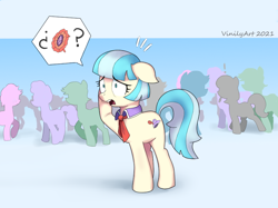 Size: 852x638 | Tagged: safe, artist:vinilyart, coco pommel, earth pony, pony, g4, crowd, exclamation point, female, generic pony, hairpin, mare, missing accessory, shrunken pupils, solo focus, speech bubble