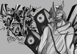 Size: 1720x1214 | Tagged: safe, artist:ero-bee, oc, oc only, oc:ero-bee, unicorn, anthro, beard, clothes, facial hair, gray background, grayscale, hat, horn, male, monochrome, rule 63, signature, simple background, solo, speaker, unicorn oc