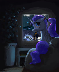 Size: 1981x2400 | Tagged: safe, artist:imadeoos, princess luna, alicorn, pony, gamer luna, g4, alternate hairstyle, beanbag chair, female, gaming, mare, ponytail, sitting, solo, wipeout