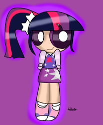 Size: 956x1168 | Tagged: safe, artist:iivividz, twilight sparkle, human, g4, arm behind back, clothes, female, humanized, purple background, shoes, signature, simple background, skirt, smiling, solo, the powerpuff girls