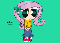 Size: 1404x1004 | Tagged: safe, artist:iivividz, fluttershy, human, g4, clothes, eyelashes, female, hairclip, humanized, pants, shoes, signature, smiling, solo, the powerpuff girls