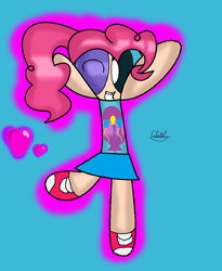 Size: 956x1168 | Tagged: safe, artist:iivividz, pinkie pie, human, g4, blue background, clothes, female, heart, humanized, one eye closed, shoes, signature, simple background, skirt, smiling, solo, the powerpuff girls, wink
