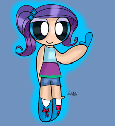 Size: 784x860 | Tagged: safe, artist:iivividz, rarity, human, g4, blue background, clothes, female, humanized, shoes, shorts, signature, simple background, smiling, solo, the powerpuff girls