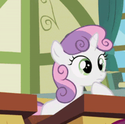 Size: 338x337 | Tagged: safe, screencap, sweetie belle, pony, unicorn, g4, ponyville confidential, season 2, animated, cropped, cute, desk, diasweetes, female, filly, floppy ears, gif, smiling, solo, weapons-grade cute