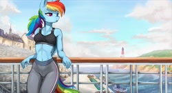 Size: 2500x1350 | Tagged: safe, artist:fidzfox, rainbow dash, pegasus, anthro, g4, alternate hairstyle, athletic, belly button, bra, breasts, clothes, cloud, crop top bra, eyelashes, female, fit, grass, hair bun, leggings, lidded eyes, lighthouse, lipstick, midriff, ocean, pants, ponytail, reasonably sized breasts, scenery, ship, sky, slender, solo, sports bra, stupid sexy rainbow dash, thigh gap, thighs, thin, toned, underwear, wallpaper, water, wings, workout outfit, yoga pants
