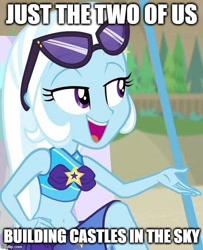 Size: 550x677 | Tagged: safe, edit, edited screencap, screencap, trixie, equestria girls, equestria girls series, forgotten friendship, g4, beach, beach babe, belly button, bill withers, caption, clothes, cropped, cute, diatrixes, female, grover washington jr., image macro, just the two of us, midriff, open mouth, solo, song reference, sunglasses, swimsuit, text