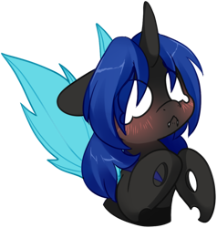Size: 1000x1052 | Tagged: safe, artist:loyaldis, oc, oc only, oc:swift dawn, changeling, pony, adorkable, begging, blue changeling, blue eyes, blushing, changeling oc, commission, cute, dork, fangs, floppy ears, horn, male, ocbetes, simple background, solo, stallion, transparent background, white eyes, wings, ych result