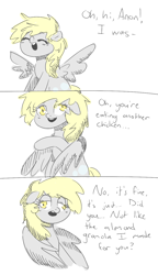 Size: 744x1291 | Tagged: safe, artist:archego-art, derpy hooves, pegasus, pony, g4, cute, derpabetes, dialogue, herbivore, implied anon, offscreen character, sad, sadorable