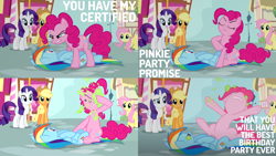 Size: 1986x1117 | Tagged: safe, edit, edited screencap, editor:quoterific, screencap, applejack, fluttershy, pinkie pie, rainbow dash, rarity, earth pony, pegasus, pony, unicorn, g4, pinkie pride, angry, eyes closed, nose in the air, open mouth, pinkie promise