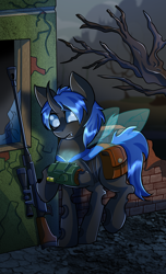 Size: 1700x2800 | Tagged: safe, artist:elmutanto, oc, oc only, oc:swift dawn, changeling, pony, fallout equestria, alternate universe, bag, blue changeling, blue eyes, building, changeling oc, clothes, commission, confused, detailed background, fangs, frown, gun, high res, horn, male, pipbuck, rifle, ruins, saddle bag, sniper, sniper rifle, solo, spread wings, tree, wasteland, weapon, wings