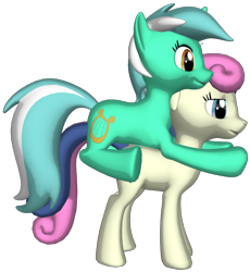 Size: 818x891 | Tagged: safe, artist:fenix00, bon bon, lyra heartstrings, sweetie drops, pony, g4, 3d, duo, female, lyra riding bon bon, ponies riding ponies, riding, ship:lyrabon, shipping, simple background, transparent background