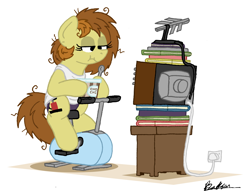 Size: 1962x1518 | Tagged: safe, artist:bobthedalek, oc, oc only, oc:bubble pump, earth pony, pony, book, clothes, exercise, exercise bike, food, ice cream, messy mane, panties, television, underwear, vest