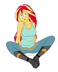 Size: 1280x1600 | Tagged: safe, artist:cadenreigns, sunset shimmer, equestria girls, equestria girls series, g4, boots, breasts, busty sunset shimmer, cleavage, clothes, female, high heel boots, multiple variants, open mouth, pants, platform shoes, shoes, signature, sitting, solo