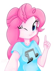 Size: 1000x1313 | Tagged: safe, artist:rivin177, pinkie pie, equestria girls, g4, clothes, cute, diapinkes, female, looking at you, one eye closed, pointing, ponk, selfie, shirt, simple background, smiling, solo, t-shirt, white background, wink