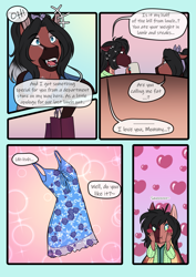 Size: 3969x5613 | Tagged: safe, artist:blackblood-queen, oc, oc only, oc:daniel dasher, oc:lady lovegreen, dracony, dragon, hybrid, pegasus, pony, anthro, unguligrade anthro, comic:be there, anthro oc, blushing, clothes, coffee mug, comic, digital art, dress, excited, fangs, female, floppy ears, heart, male, mare, mother and child, mother and son, mug, open mouth, pegasus oc, shopping bag, slit pupils, smiling, stallion, wings
