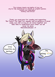 Size: 3969x5613 | Tagged: safe, artist:blackblood-queen, oc, oc only, oc:brigadeiro drizzle, oc:dusk flame, pegasus, anthro, unguligrade anthro, comic:be there, chibi, clothes, crossdressing, digital art, drag queen, eyeshadow, gradient background, hair over one eye, jewelry, leotard, lipstick, makeup, male, necklace, pegasus oc, smiling, solo, stallion, wings