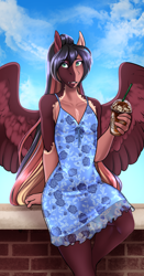 Size: 2060x3945 | Tagged: safe, artist:blackblood-queen, oc, oc only, oc:daniel dasher, dracony, dragon, hybrid, pegasus, anthro, unguligrade anthro, comic:be there, anthro oc, blue dress, clothes, cloud, crossdressing, digital art, dress, drink, eyeshadow, fangs, femboy, girly, high res, makeup, male, open mouth, pegasus oc, sitting, sky, slit pupils, smiling, solo, stallion, wings