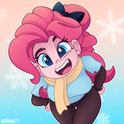 Size: 2500x2500 | Tagged: safe, artist:rivin177, pinkie pie, equestria girls, g4, big breasts, blue eyes, bow, breasts, busty pinkie pie, cartoon, clothes, cute, diapinkes, hair bow, hand on hip, high res, leaning forward, looking at you, open mouth, pink hair, pinkie being pinkie, ponk, scarf, snow, snowflake, solo, thick, winter, winter outfit