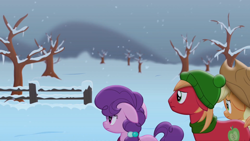 Size: 1920x1080 | Tagged: safe, artist:yudhaikeledai, applejack, big macintosh, sugar belle, earth pony, pony, unicorn, frostpony, g4, clothes, cowboy hat, dark, dead tree, female, fence, frostpunk, hat, husband and wife, i can't believe it's not hasbro studios, ice, icicle, male, mare, ponified, post-apocalyptic, sad, sadness, scarf, siblings, snow, snowfall, stallion, sweet apple acres, toque, tree, winter clothes, youtube link