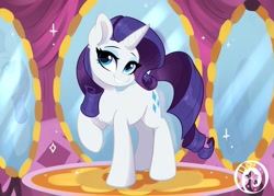 Size: 2269x1627 | Tagged: safe, artist:oofycolorful, rarity, pony, unicorn, g4, chest fluff, cute, ear fluff, female, mare, mirror, opening credits, raribetes, scene interpretation, smiling, solo, theme song