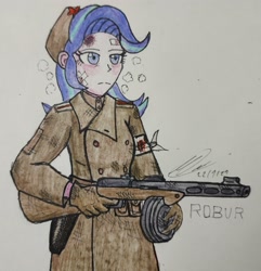 Size: 2891x3000 | Tagged: safe, artist:php71, starlight glimmer, equestria girls, g4, bandage, clothes, colored, communism, female, gun, high res, injured, military, pale color, ppsh-41, red army, solo, soviet union, stalin glimmer, stalingrad, submachinegun, traditional art, uniform, weapon, winter, world war ii