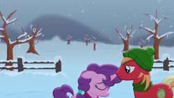 Size: 1920x1080 | Tagged: safe, artist:yudhaikeledai, big macintosh, sugar belle, earth pony, pony, unicorn, frostpony, g4, clothes, dark, dead tree, female, fence, frostpunk, hat, husband and wife, i can't believe it's not hasbro studios, ice, icicle, male, mare, offscreen character, ponified, post-apocalyptic, sad, sadness, scarf, snow, snowfall, stallion, sweet apple acres, toque, tree, winter clothes, youtube link