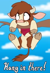 Size: 2849x4096 | Tagged: safe, artist:mrneo, arizona (tfh), cow, them's fightin' herds, arizona is not amused, arizonadorable, bandana, cloven hooves, community related, cute, hang in there, hanging, neckerchief, solo, tree branch, underhoof