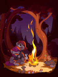 Size: 1955x2597 | Tagged: safe, artist:drtuo4, oc, oc only, mouse, pegasus, pony, rabbit, animal, campfire, clothes, cuddling, female, fire, forest, happy, hoodie, mare, outdoors