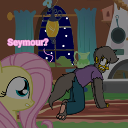 Size: 768x768 | Tagged: safe, artist:haileykitty69, fluttershy, human, pegasus, werewolf, g4, crossover, crossover shipping, fluttermour, male, seymour skinner, shipping, the simpsons
