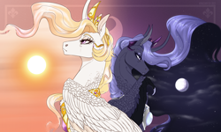 Size: 2000x1200 | Tagged: safe, artist:dementra369, princess celestia, princess luna, alicorn, pony, g4, bust, curved horn, duo, ethereal mane, fangs, female, horn, mare in the moon, moon, royal sisters, siblings, sisters, sun