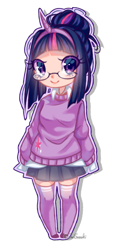 Size: 2331x5000 | Tagged: safe, artist:jun1313, twilight sparkle, human, g4, 2019, clothes, cutie mark, cutie mark on clothes, female, glasses, hair bun, hairband, horn, humanized, miniskirt, pigeon toed, pleated skirt, simple background, skirt, socks, solo, sweater, thigh highs, thigh socks, transparent background, zettai ryouiki